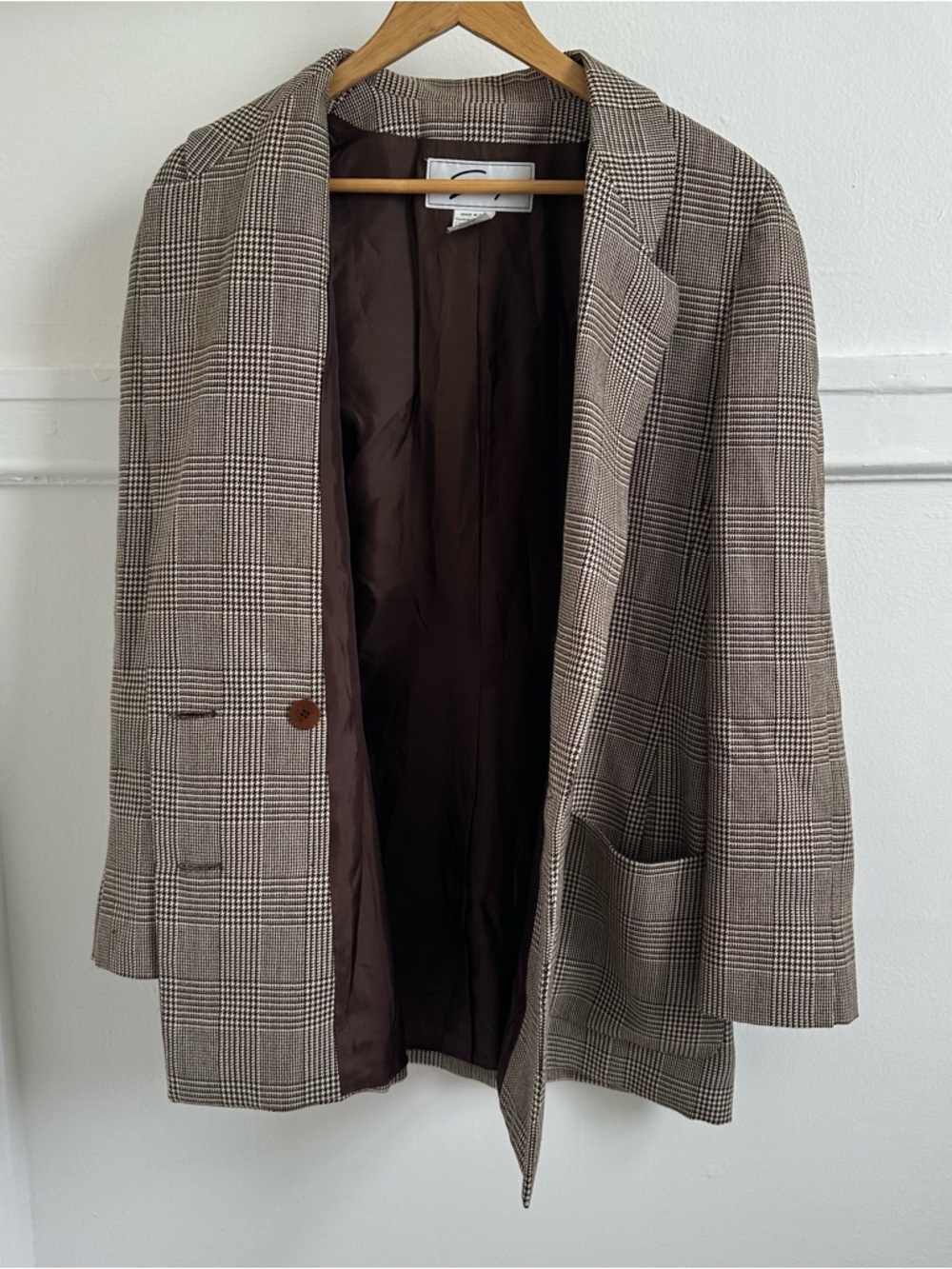 100% Wool Checked & Houndstooth Brown Plaid Blazer - Picture 11 of 13